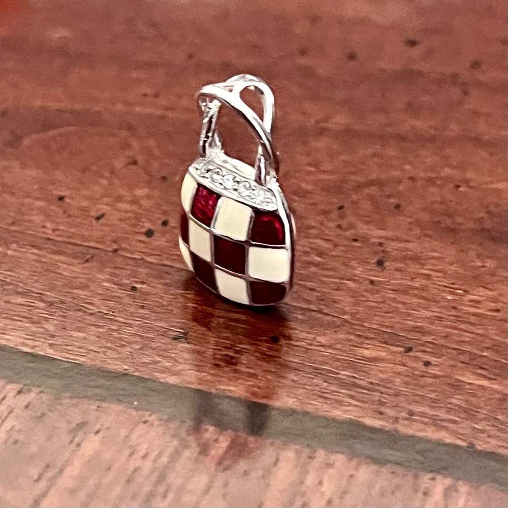 925 Sterling Silver Red and White Checkered Charm/Pendant - Picture 7 of 7